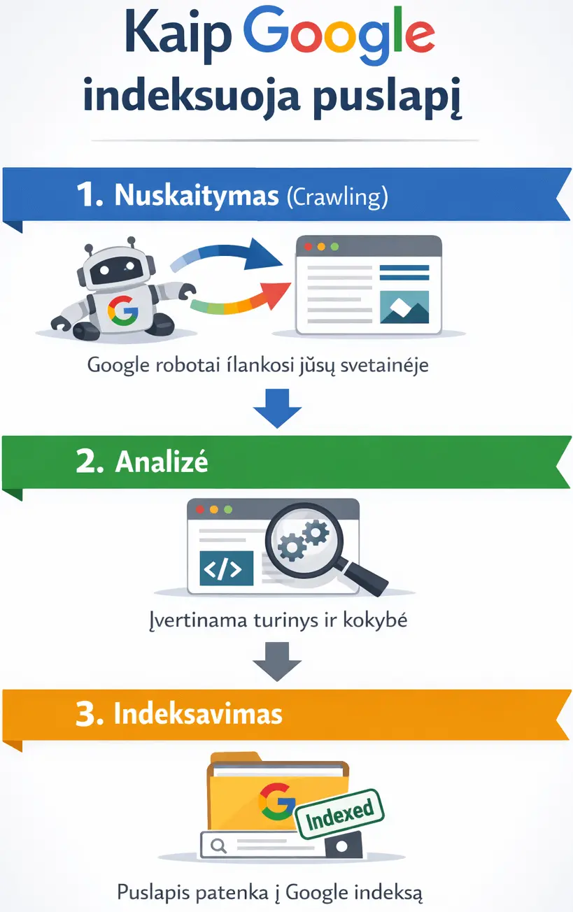 Google indeksavimas, etapai vizualiai